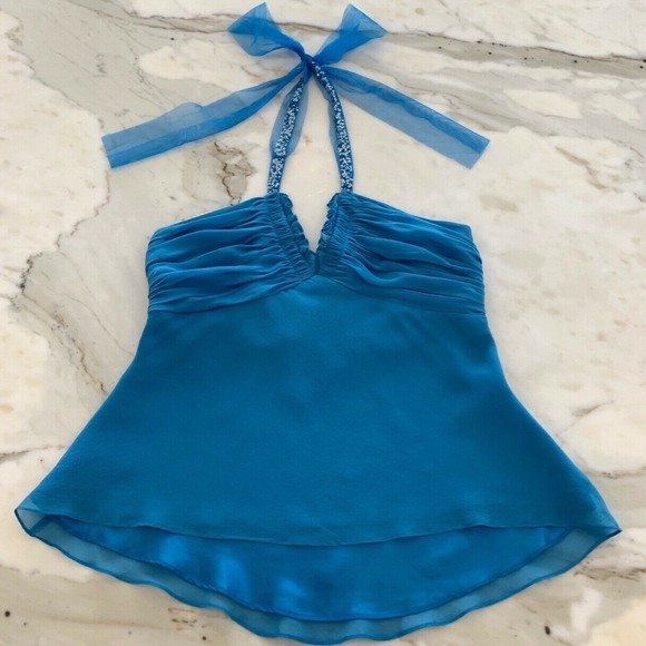 BCBG BLUE SILK EMBELLISHED HALTER TOP SIZE SMALL - Picture 9 of 14